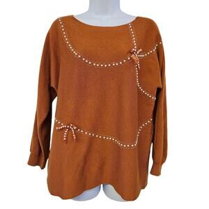 Cristina Brown Wool Blend Sweater Size L Bows Boho Unique Mature